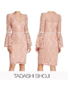 Tadashi Shoji Dusty Blush Lace Midi Dress with Bell Sleeves